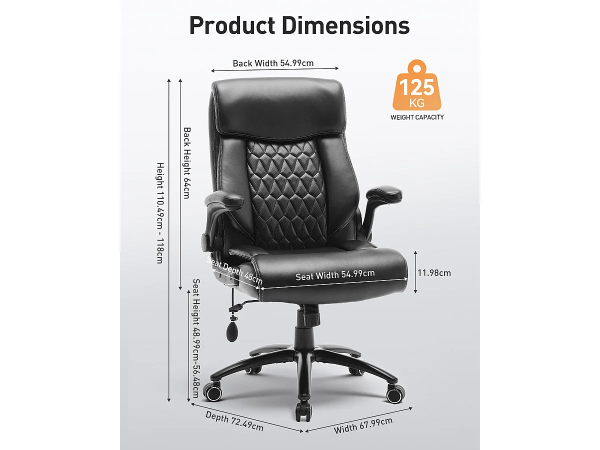 Chaise de bureau ergonomique grande taille, accoudoirs relevables, soutien lombaire réglable, Noir