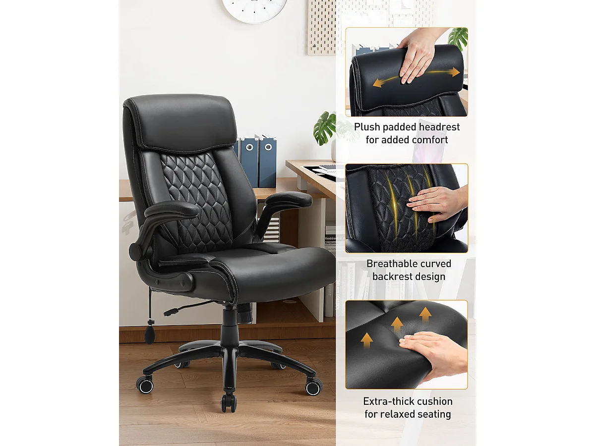 Chaise de bureau ergonomique grande taille, accoudoirs relevables, soutien lombaire réglable, Noir