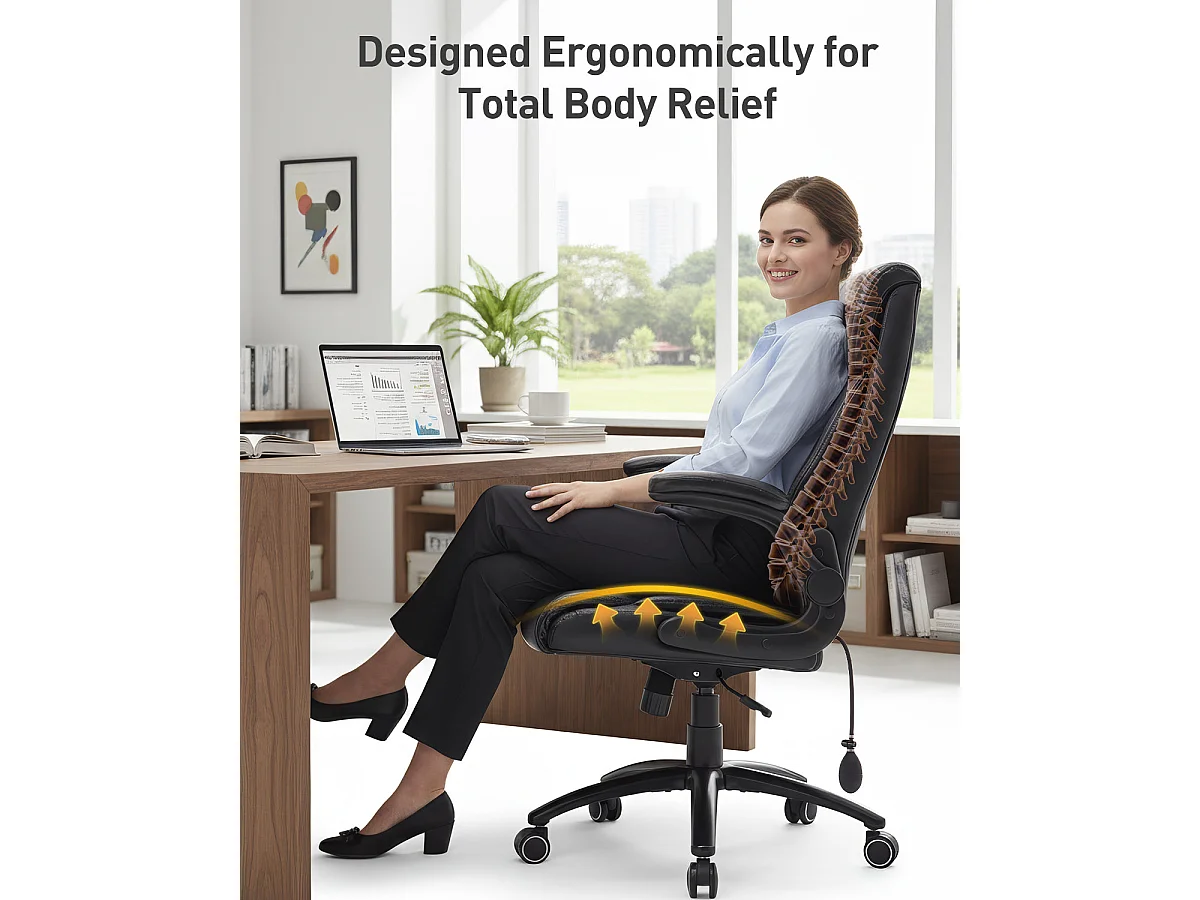 Chaise de bureau ergonomique grande taille, accoudoirs relevables, soutien lombaire réglable, marron
