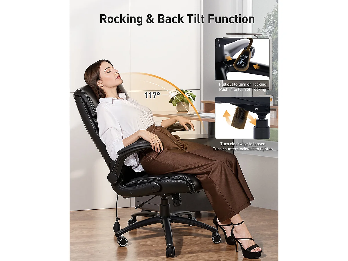 Chaise de bureau ergonomique grande taille, accoudoirs relevables, soutien lombaire réglable, marron