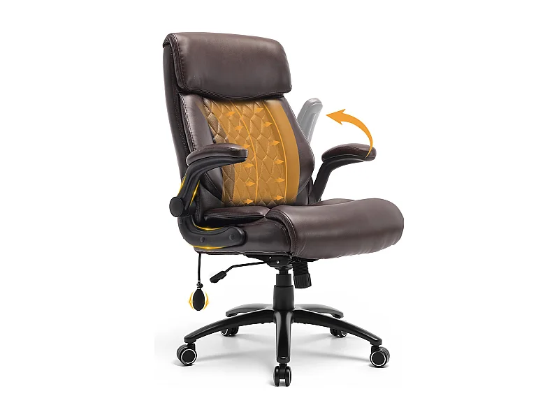 Chaise de bureau ergonomique grande taille, accoudoirs relevables, soutien lombaire réglable, marron