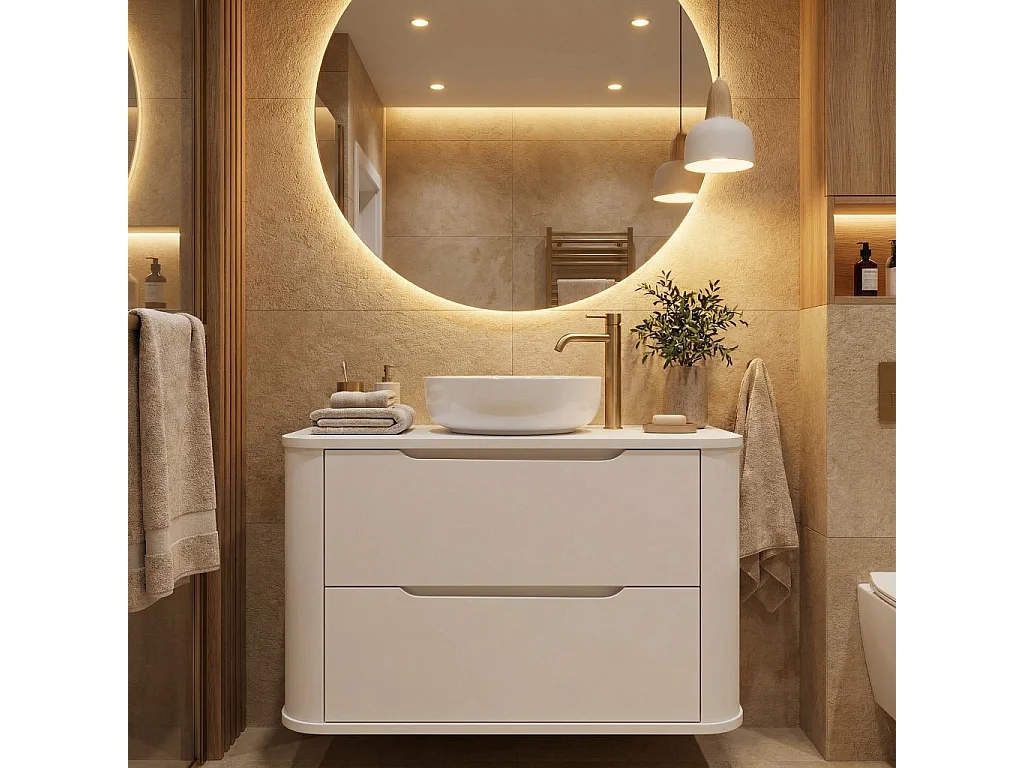 Mobile lavabo in cashmere con piano da 80 cm, lati arrotondati e piano