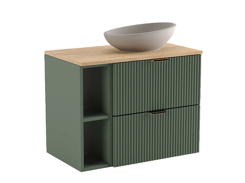 Set da bagno 80 cm Frontali scanalati Verde / Salvia Piano di lavoro Noce