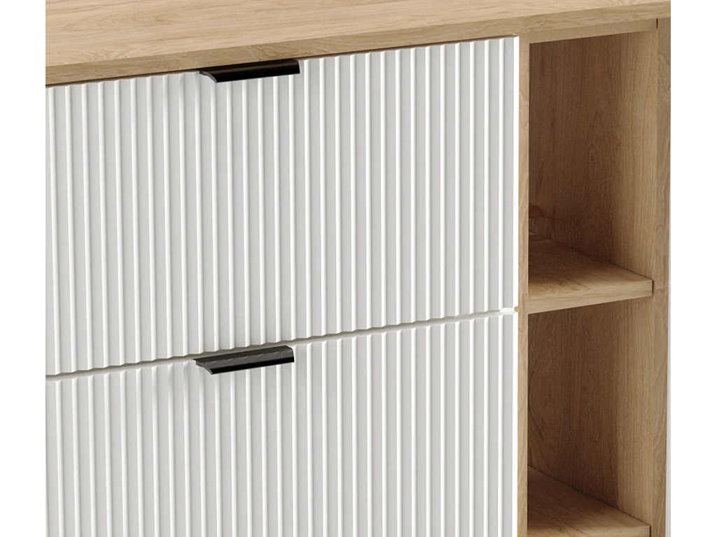 Set da bagno bianco 140 cm Frontali scanalati Scaffale e piano in noce