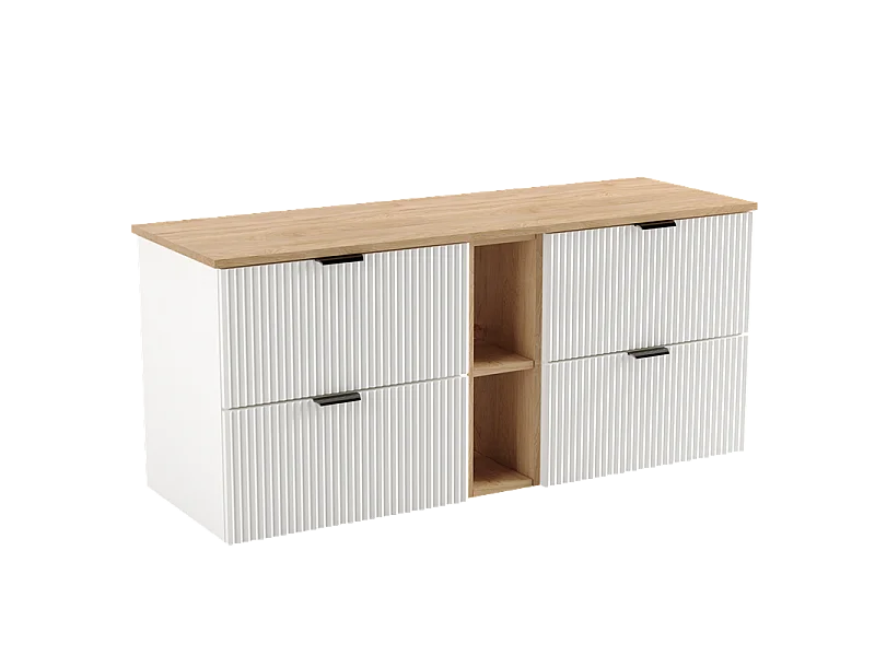 Set da bagno bianco 140 cm Frontali scanalati Scaffale e piano in noce