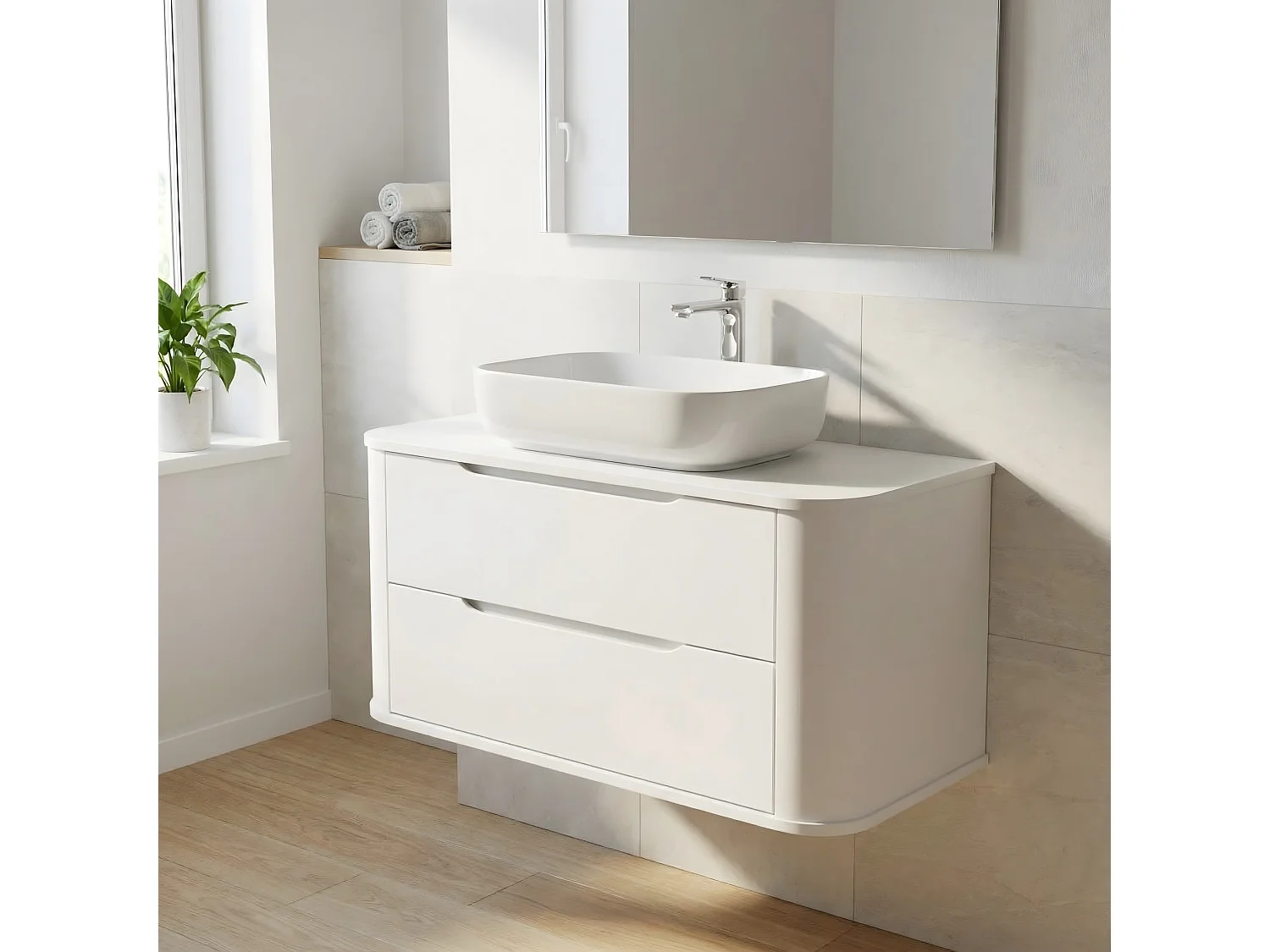 Mobile lavabo bianco con piano da 100 cm, lati arrotondati e piano