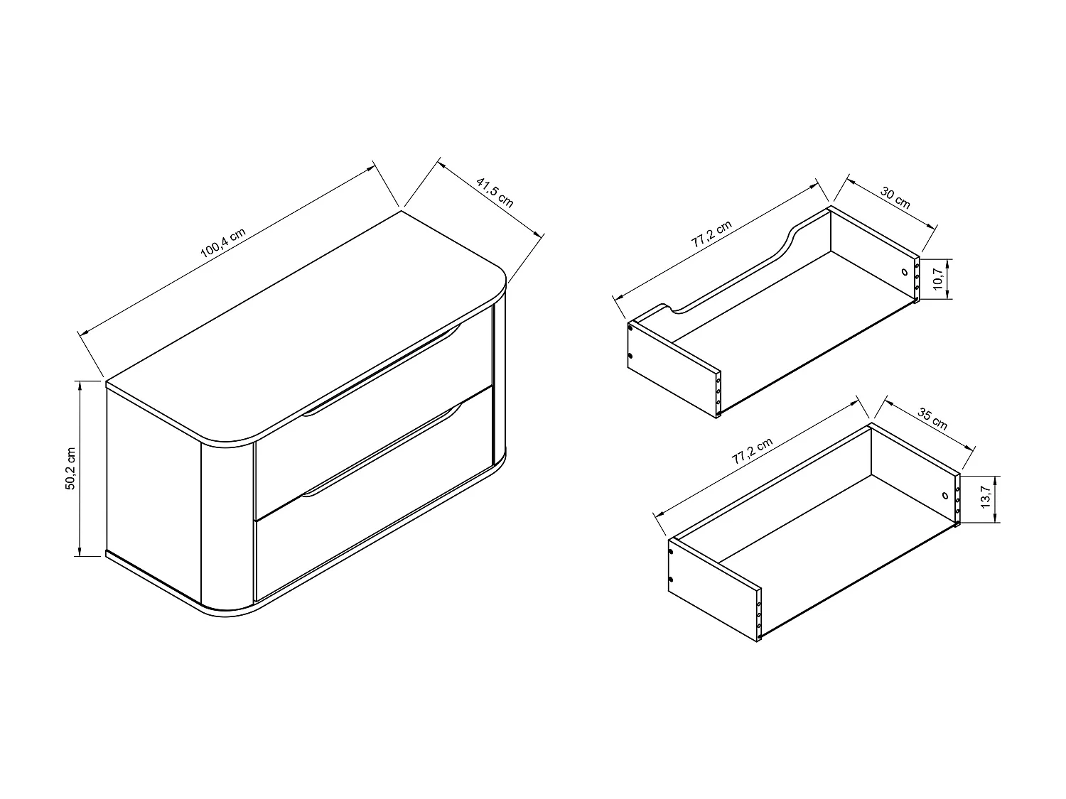 Mobile lavabo bianco con piano da 100 cm, lati arrotondati e piano