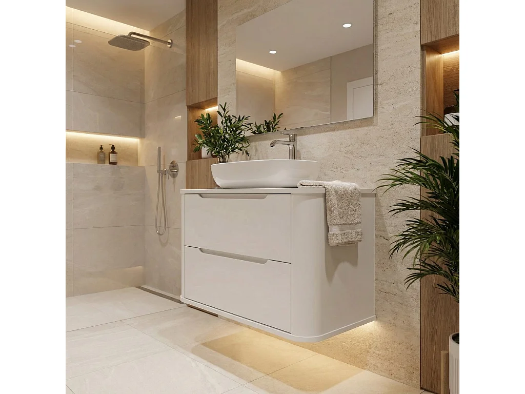 Witte wastafelkast met blad 80 cm Afgeronde zijkanten en blad