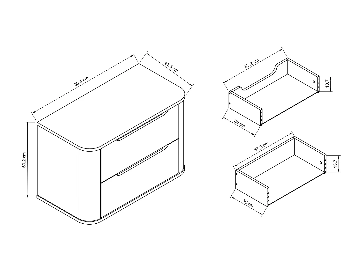 Witte wastafelkast met blad 80 cm Afgeronde zijkanten en blad