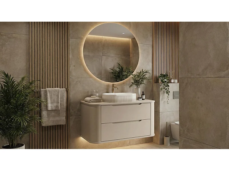 Mobile lavabo in cashmere con piano da 100 cm, lati arrotondati e piano