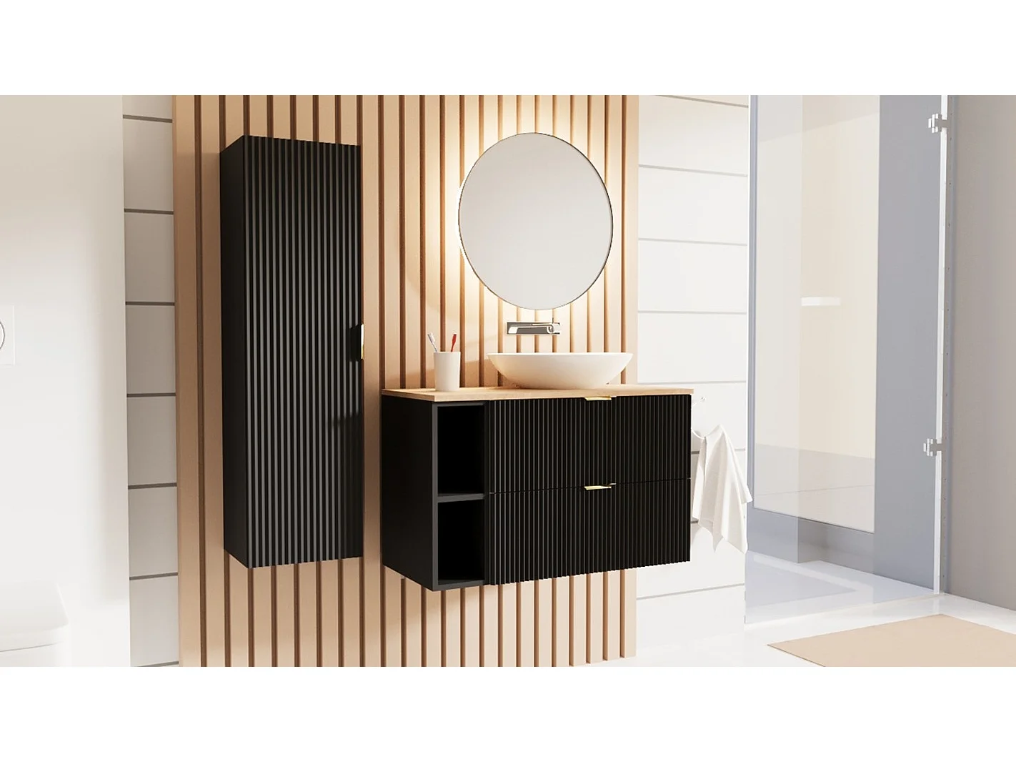 Ensemble de salle de bain noir 80 cm Façades rainurées Plan de travail en noyer