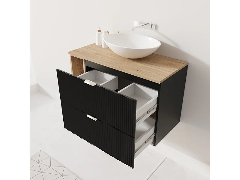 Ensemble de salle de bain noir 80 cm Façades rainurées Plan de travail en noyer