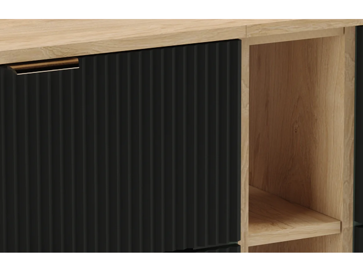 Ensemble de salle de bain noir 140 cm Façades rainurées Étagère et plateau Noyer