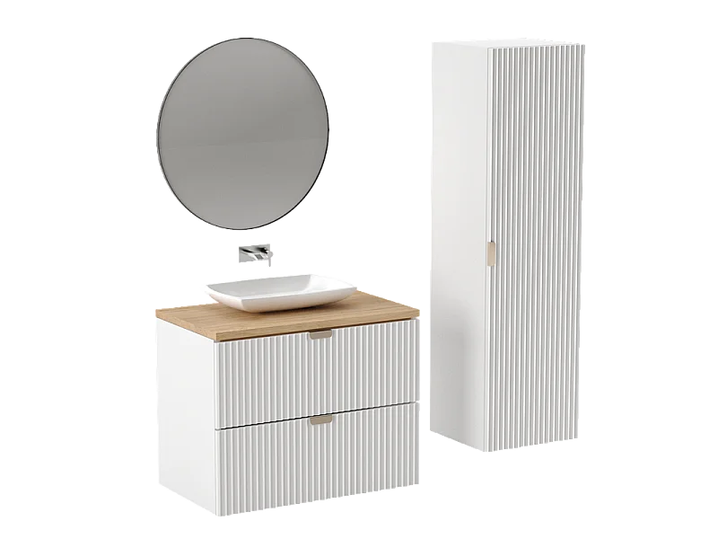 Mobile lavabo bianco con piano in noce  60 cm Frontali scanalati