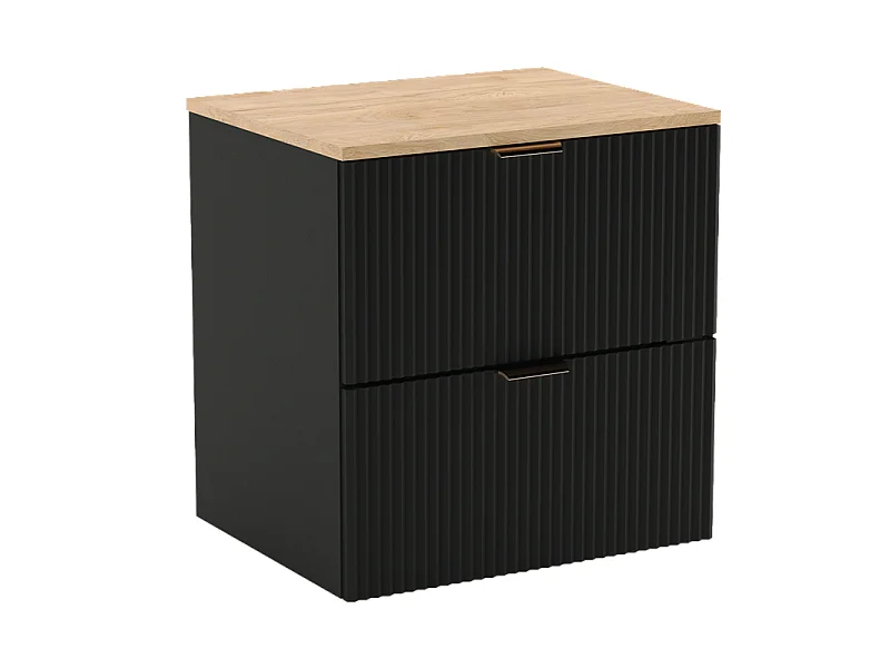 Meuble sous-vasque noir avec plateau en noyer 60 cm Façades rainurées