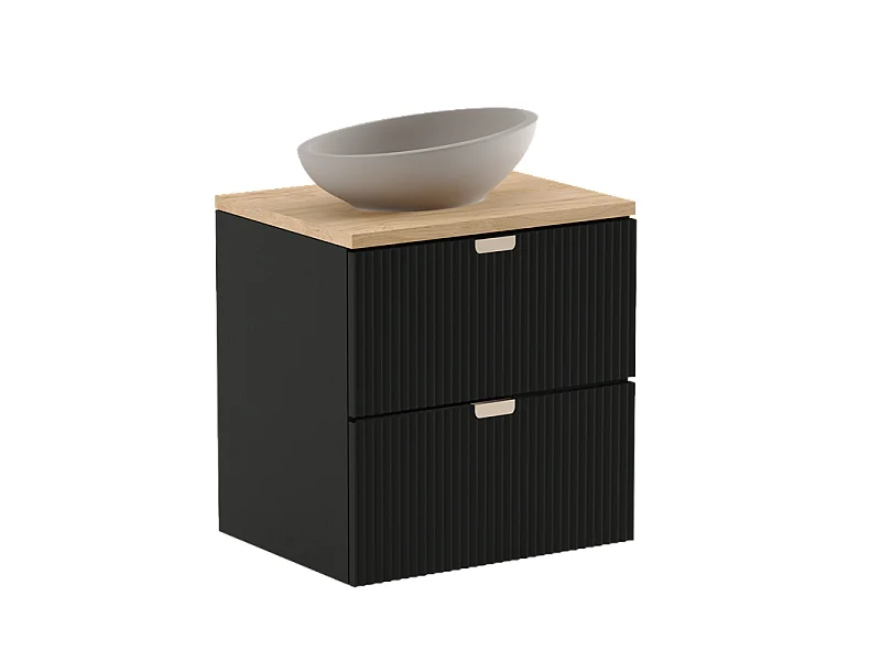 Meuble sous-vasque noir avec plateau en noyer 60 cm Façades rainurées