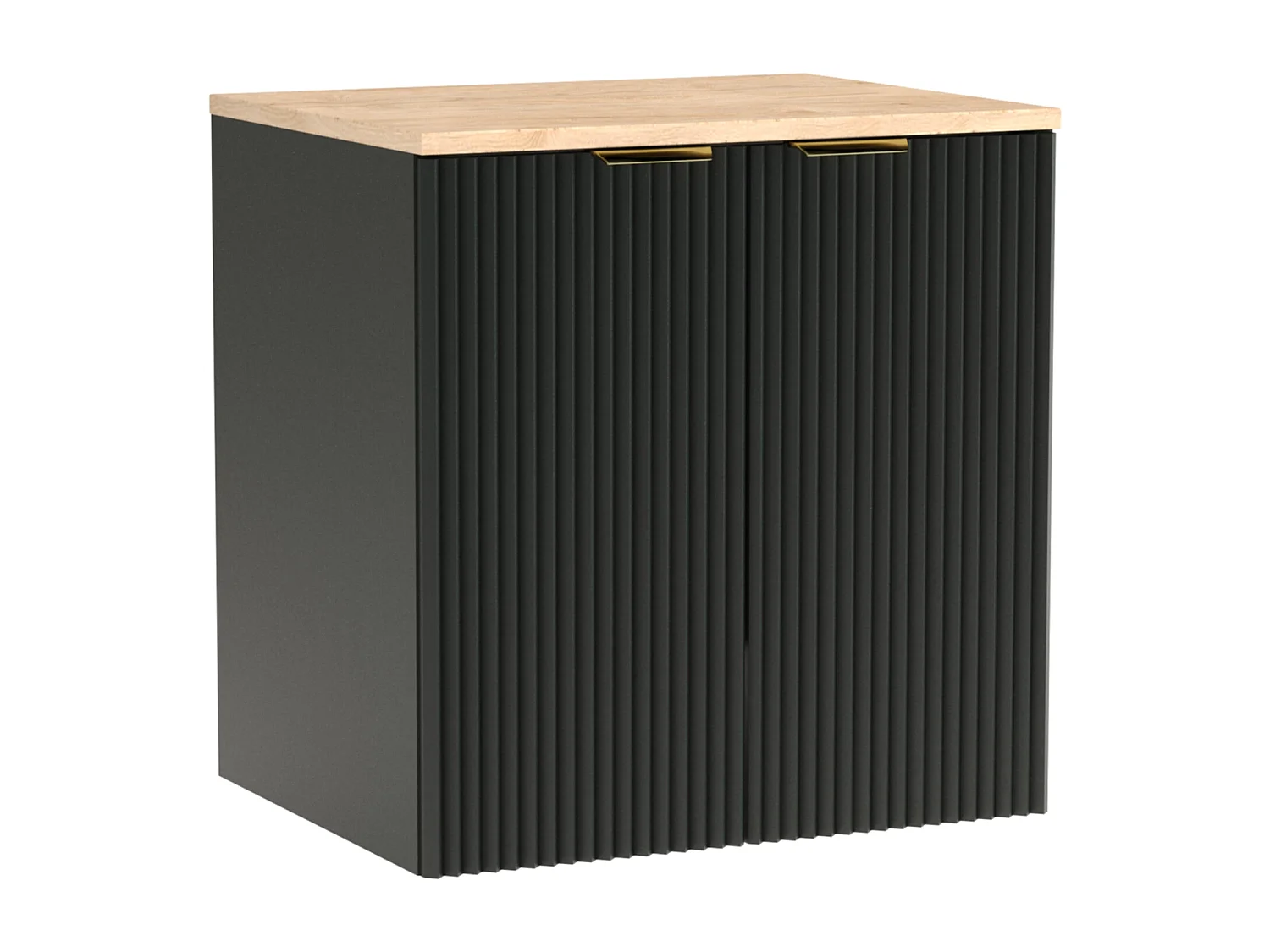 Meuble sous lavabo avec plateau 60 cm, 2 portes, façades rainurées, plateau noir, noyer