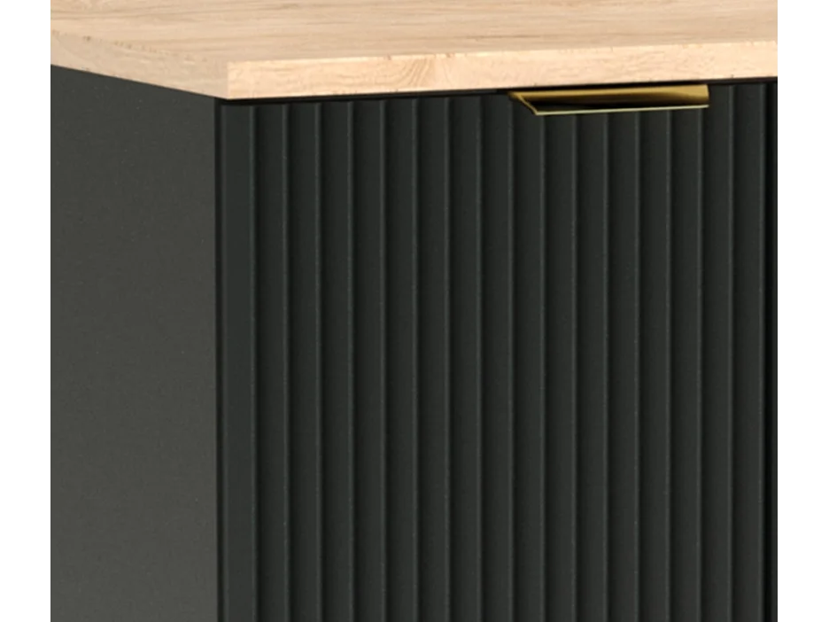 Meuble sous lavabo avec plateau 60 cm, 2 portes, façades rainurées, plateau noir, noyer