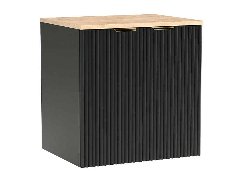 Meuble sous lavabo avec plateau 60 cm, 2 portes, façades rainurées, plateau noir, noyer