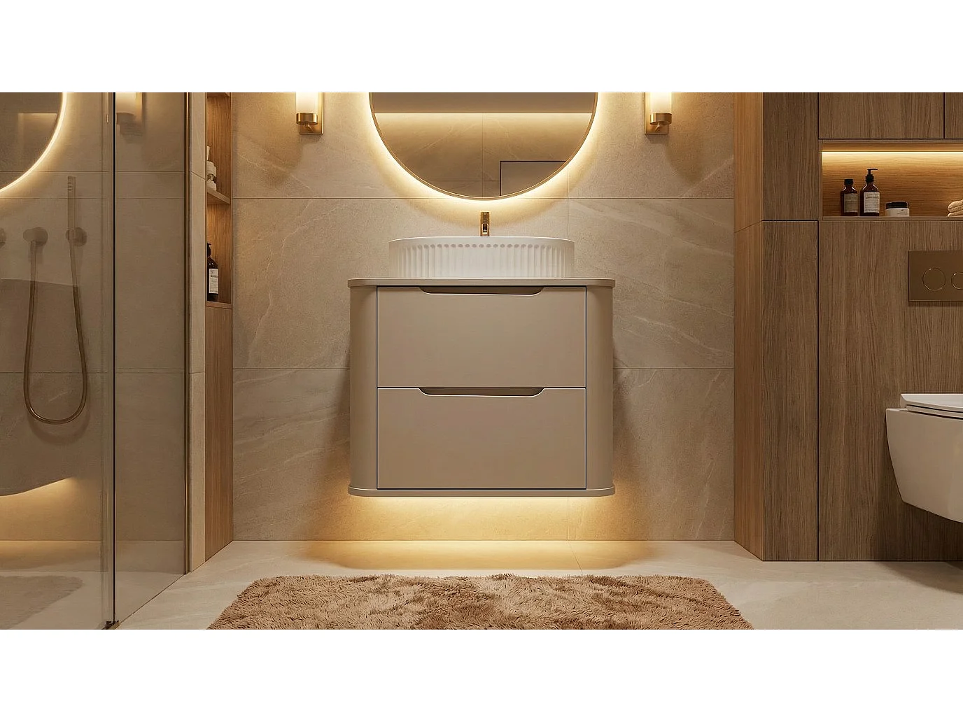 Mobile lavabo in cashmere con piano da 60 cm, lati arrotondati e piano