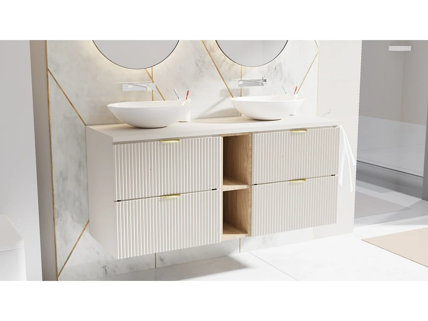 Set da bagno in cashmere 140 cm con scaffale in noce Frontali scanalati