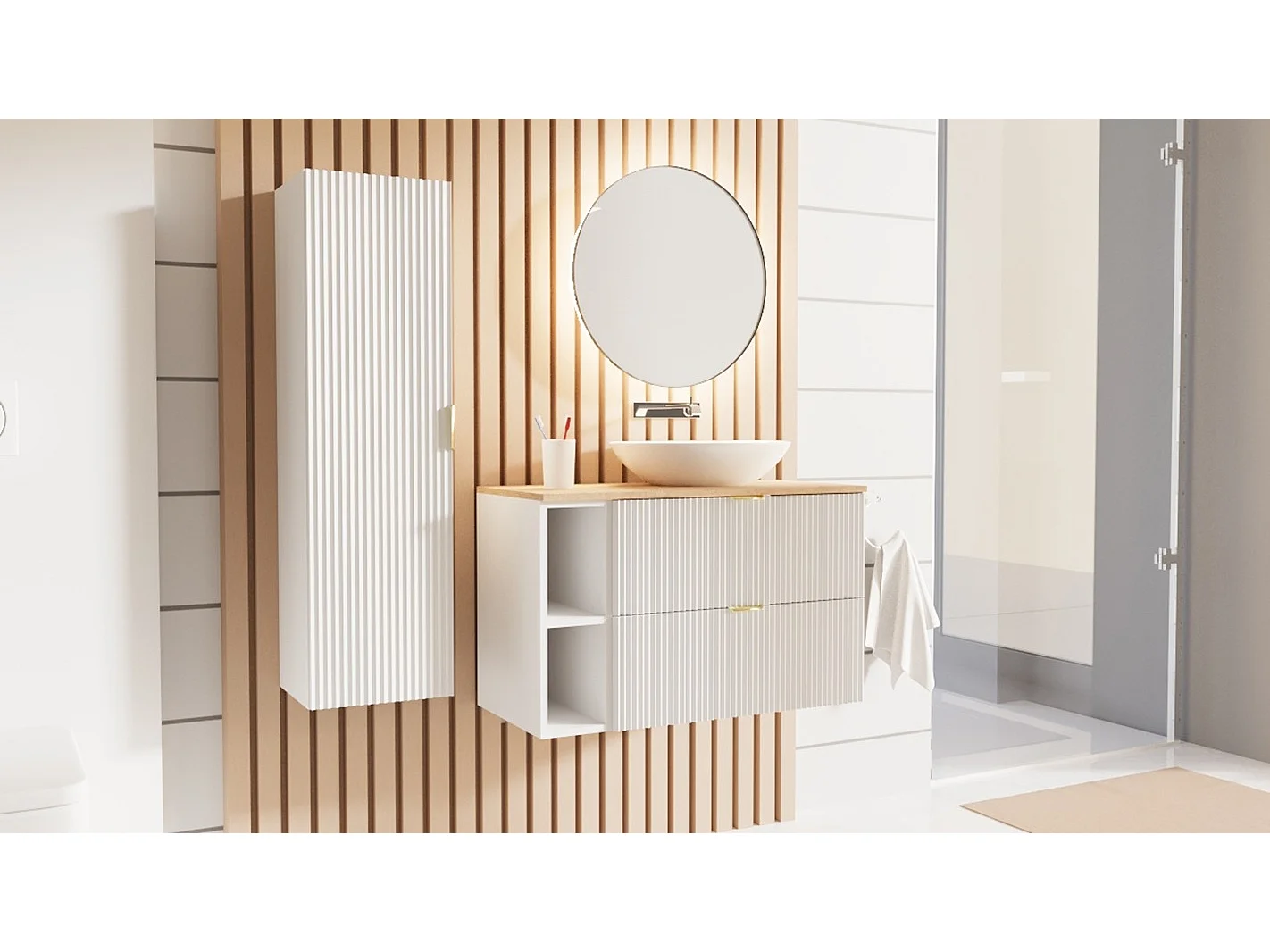 Set da bagno bianco 80 cm Frontali scanalati Piano in noce