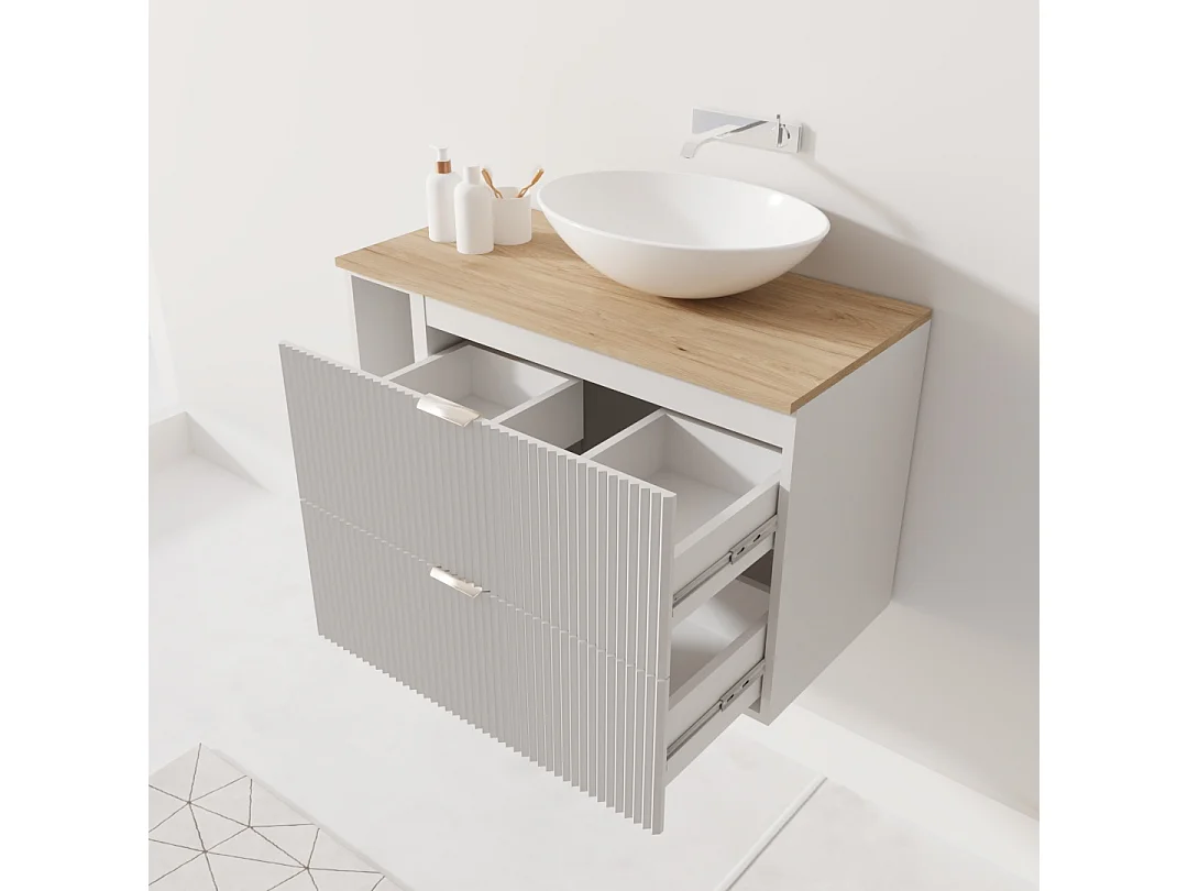 Set da bagno bianco 80 cm Frontali scanalati Piano in noce