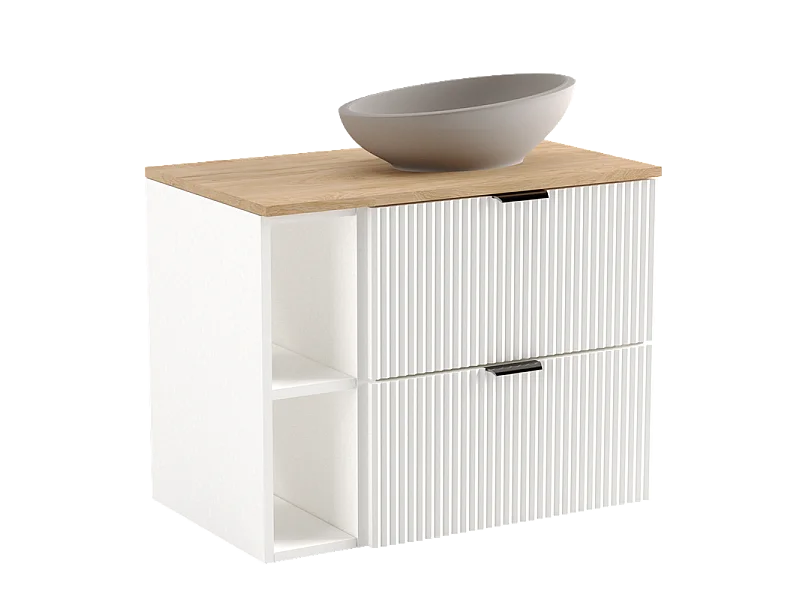 Set da bagno bianco 80 cm Frontali scanalati Piano in noce