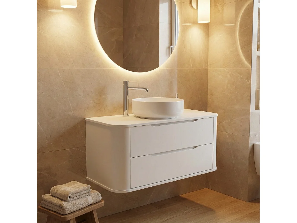 Mobile lavabo bianco con piano da 120 cm, lati arrotondati e piano
