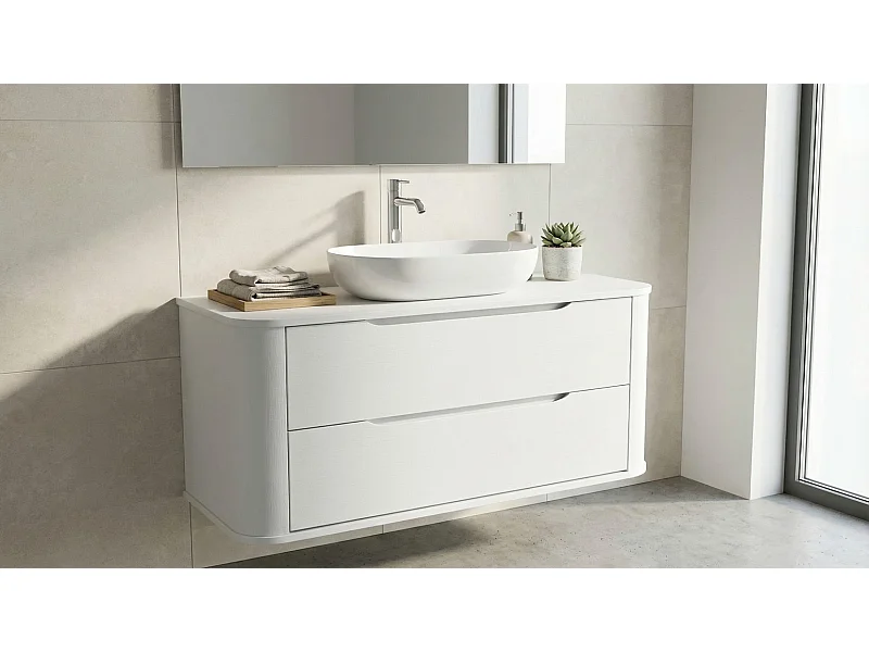 Mobile lavabo bianco con piano da 120 cm, lati arrotondati e piano