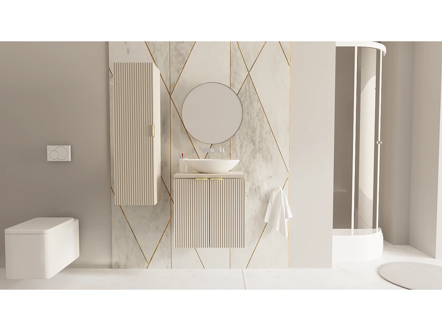 Meuble sous lavabo avec plateau 60 cm, 2 portes, façades rainurées, couleur cachemire