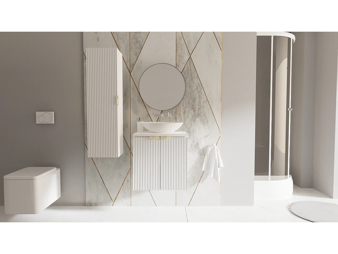 Mobile lavabo con piano 60 cm, 2 ante con frontali scanalati, piano bianco e ante in noce