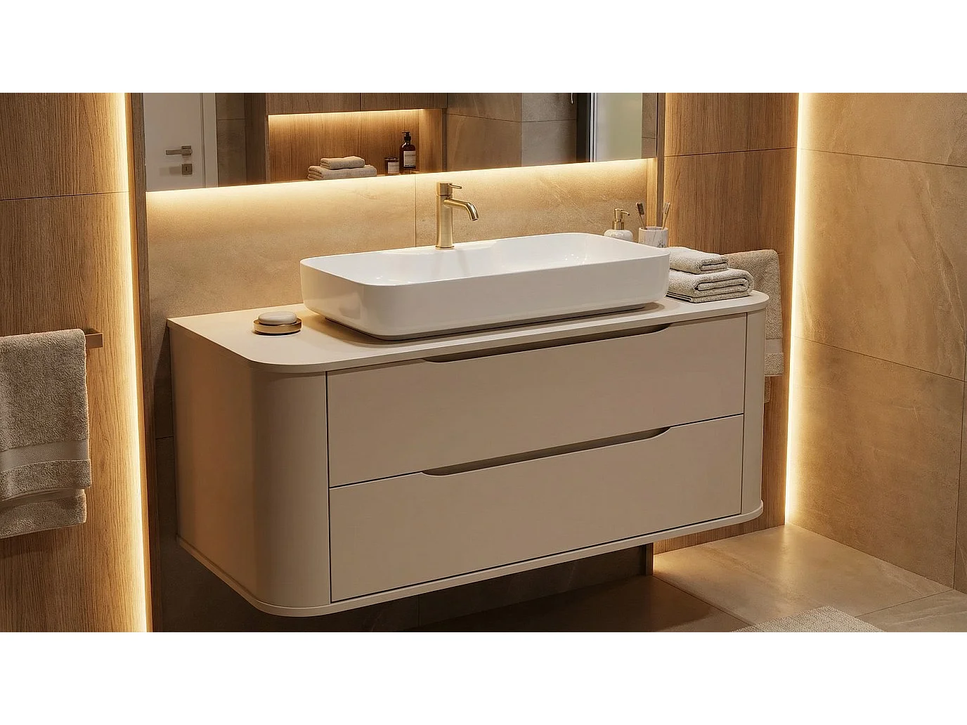 Meuble sous lavabo en cachemire avec plateau 120 cm, côtés arrondis et plateau