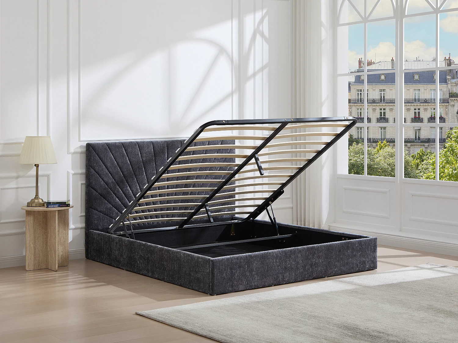 Lit coffre 140 x 190 cm - Tissu texturé – Gris anthracite + Matelas - RIBIOLA