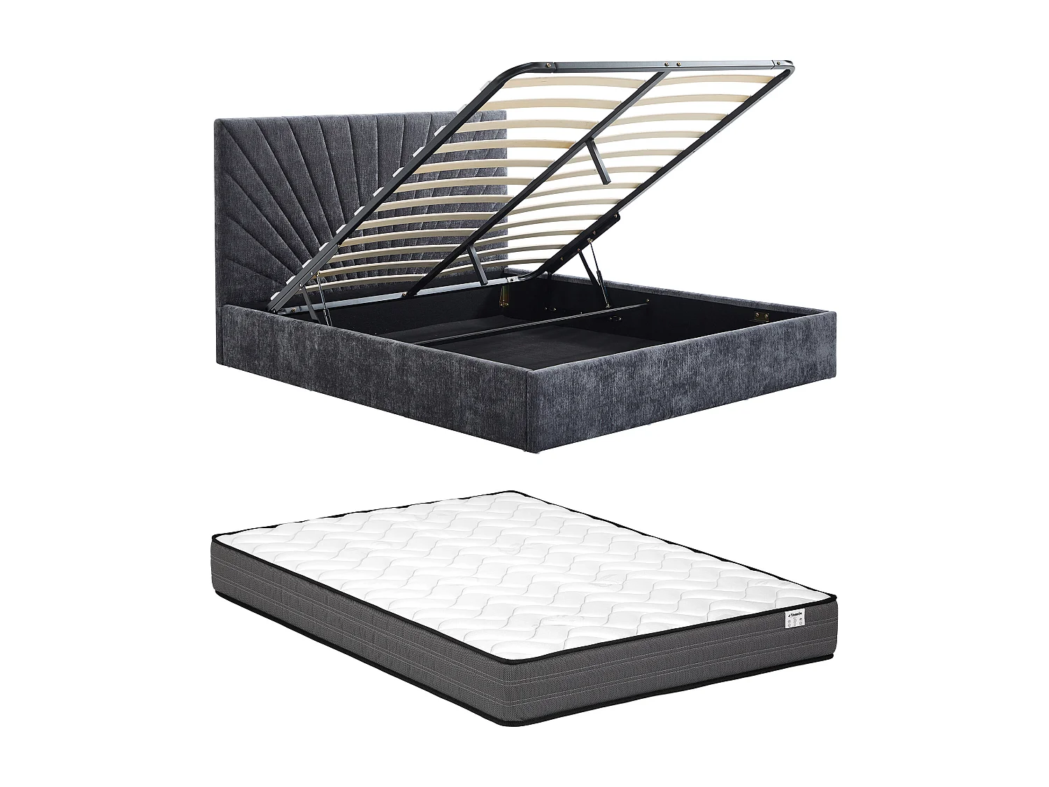 Lit coffre 160 x 200 cm - Tissu texturé – Gris anthracite + Matelas - RIBIOLA