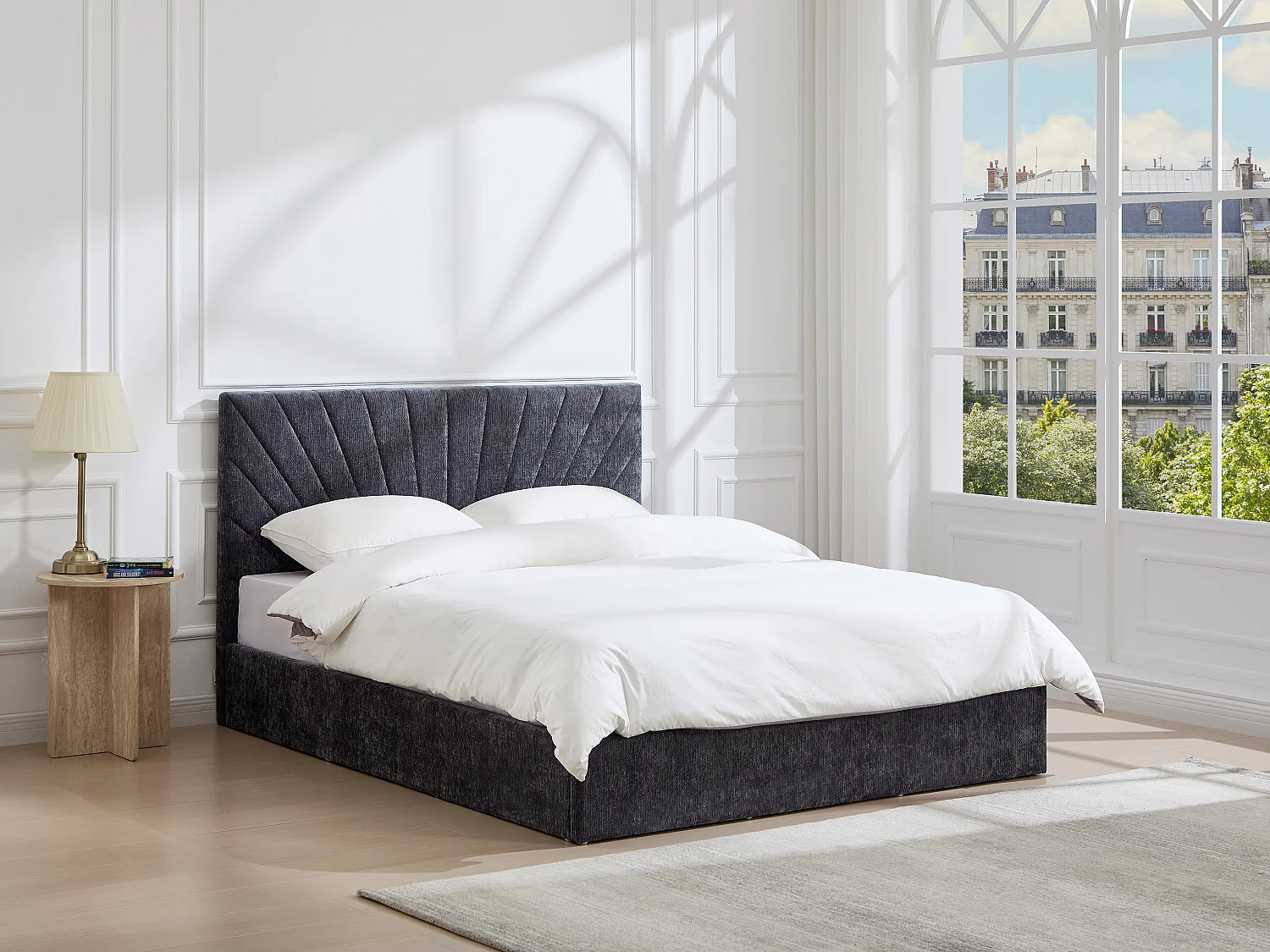 Lit coffre 160 x 200 cm - Tissu texturé – Gris anthracite + Matelas - RIBIOLA