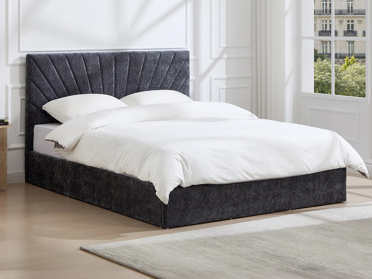 Lit coffre 160 x 200 cm - Tissu texturé – Gris anthracite + Matelas - RIBIOLA