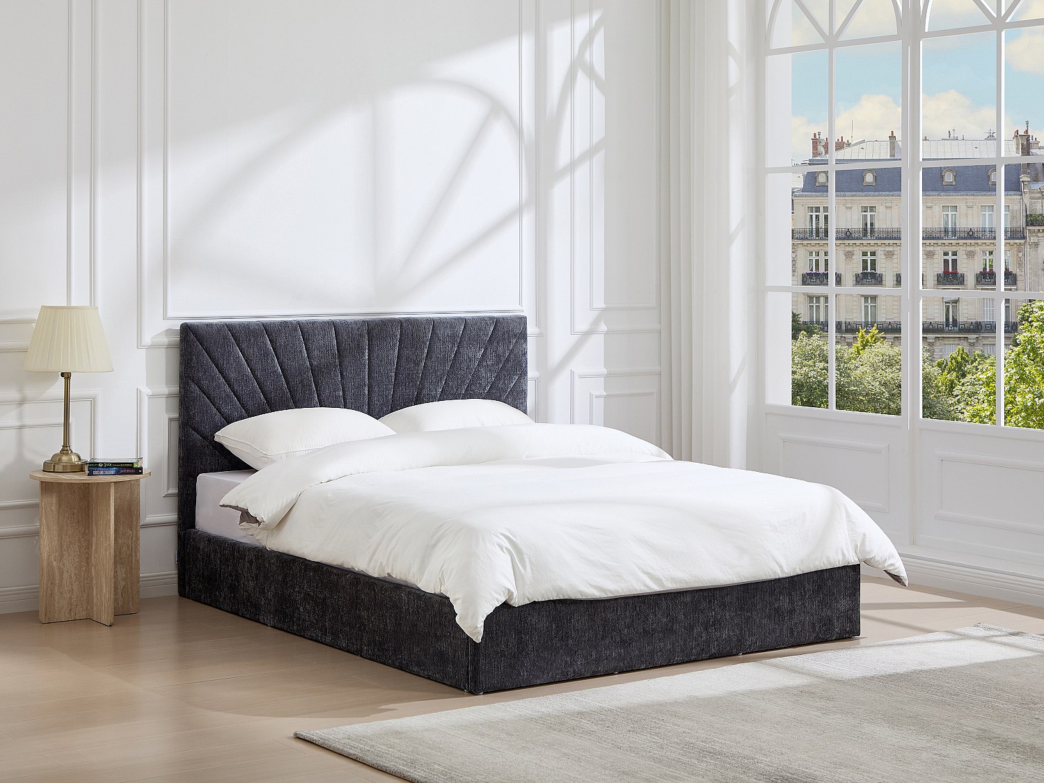 Bett mit Stauraum 180 x 200 cm – Strukturiertes Gewebe – Anthrazitgrau + Matratze – RIBIOLA