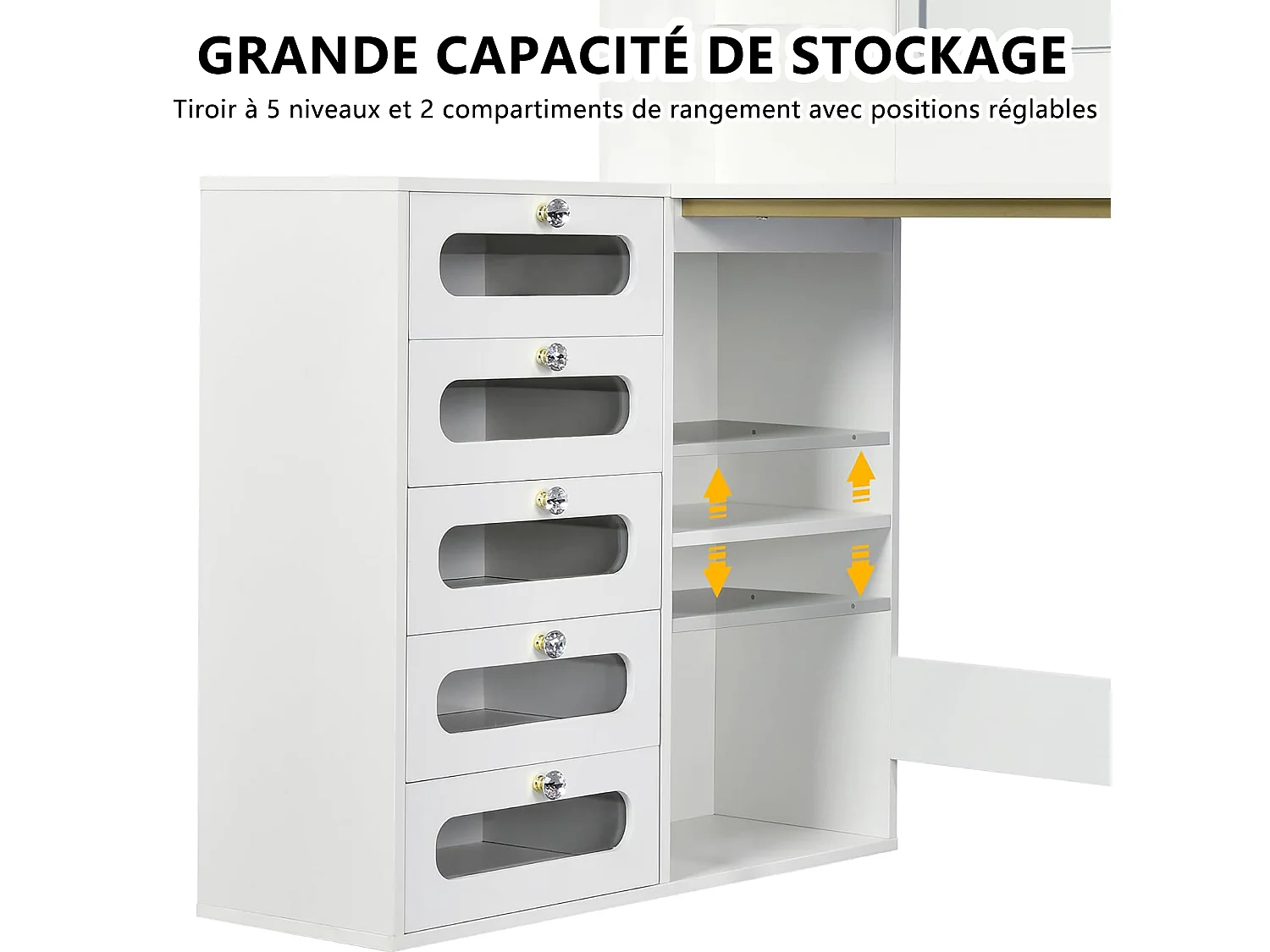 Grand dressing table avec éclairage LED réglable et miroir et tabouret - Table de maquillage d'angle avec 5 tiroirs de stockage en forme de L