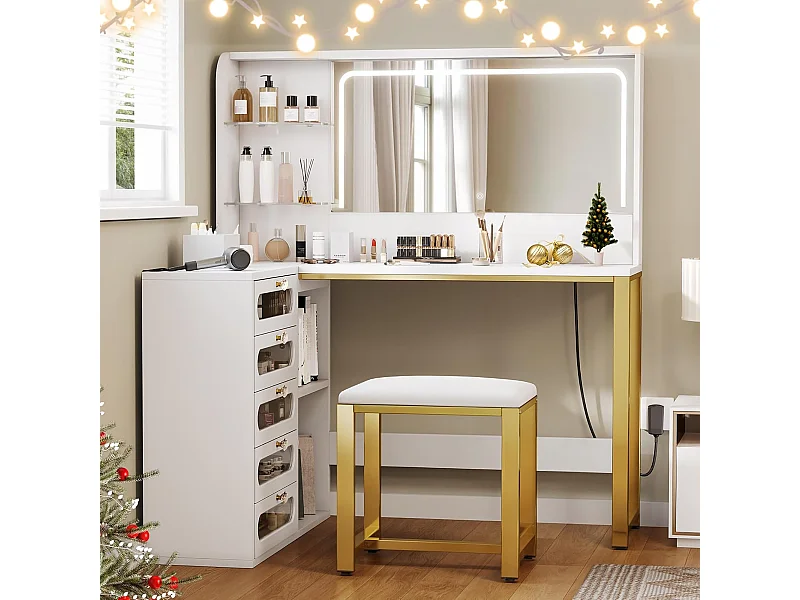 Grand dressing table avec éclairage LED réglable et miroir et tabouret - Table de maquillage d'angle avec 5 tiroirs de stockage en forme de L