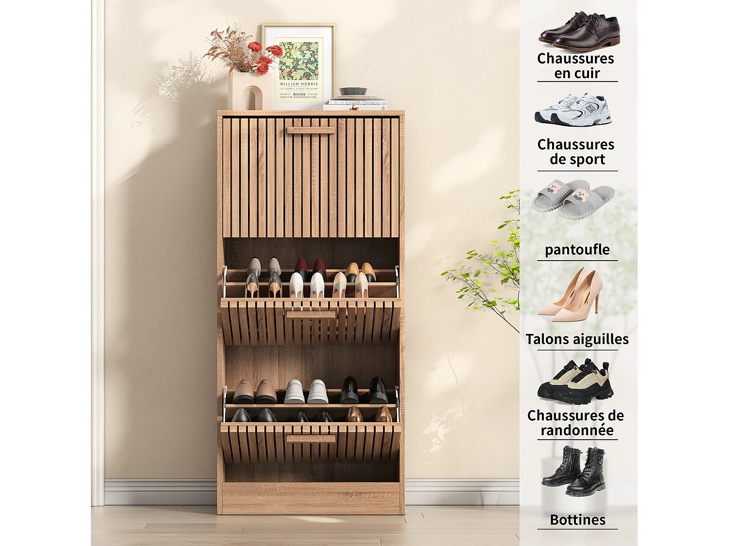 Armoire de chaussures de style country avec 3 rabats - étagère à chaussures vintage - armoires à chaussures en bois pour couloir salon chambre à coucher et entrée