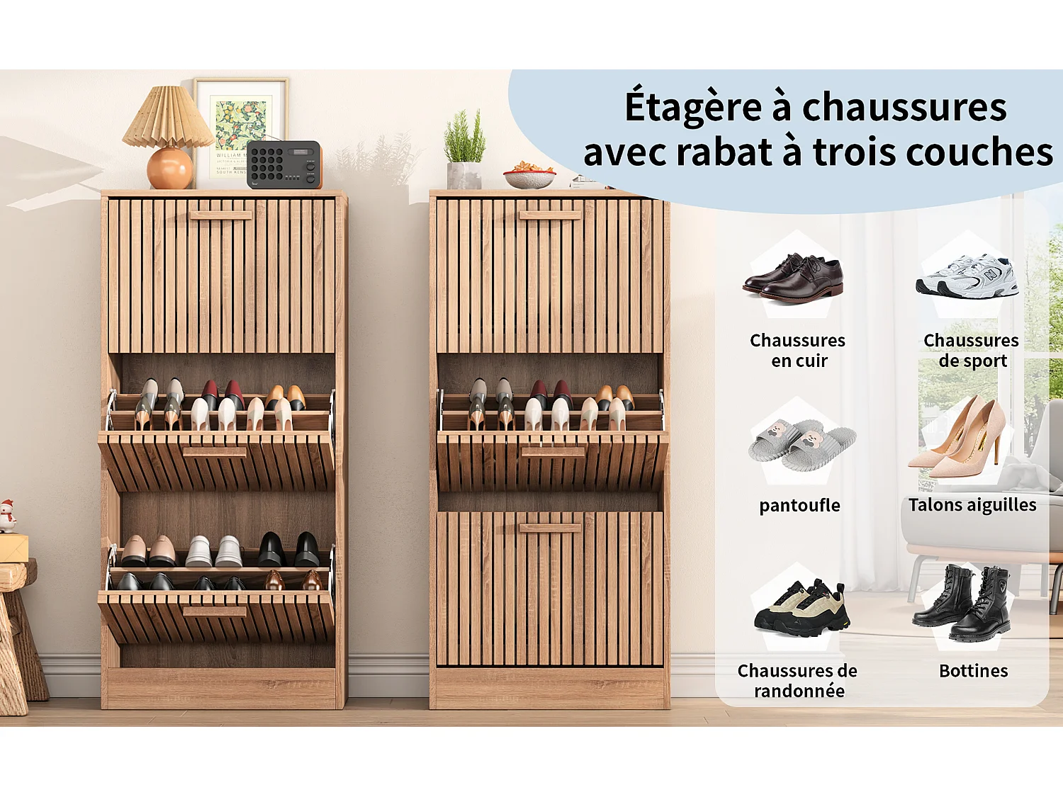 Armoire de chaussures de style country avec 3 rabats - étagère à chaussures vintage - armoires à chaussures en bois pour couloir salon chambre à coucher et entrée