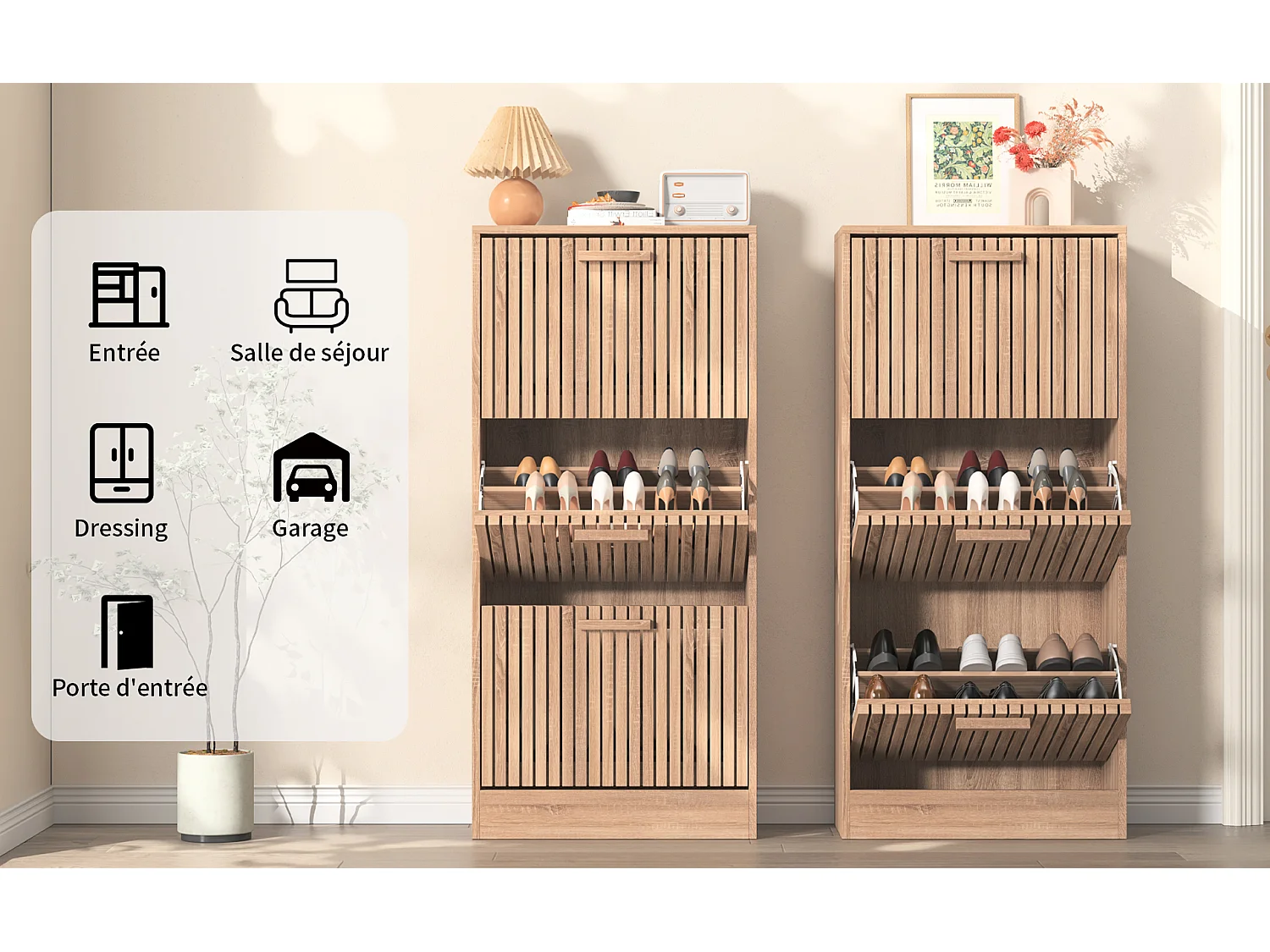 Armoire de chaussures de style country avec 3 rabats - étagère à chaussures vintage - armoires à chaussures en bois pour couloir salon chambre à coucher et entrée