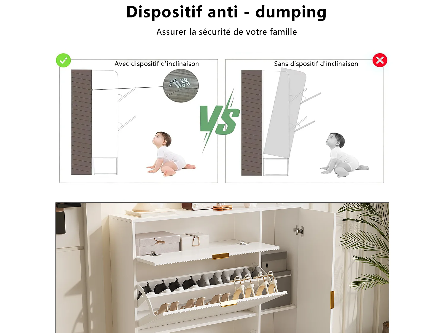 Organisateur de cabinet de chaussures indépendant avec 3 tiroirs pliants et 2 compartiments de rangement, casier à chaussures pour couloir du salon