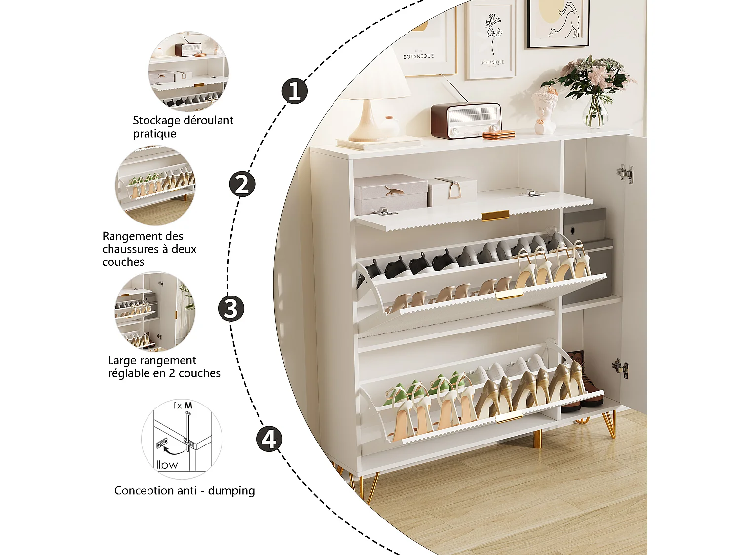 Organisateur de cabinet de chaussures indépendant avec 3 tiroirs pliants et 2 compartiments de rangement, casier à chaussures pour couloir du salon