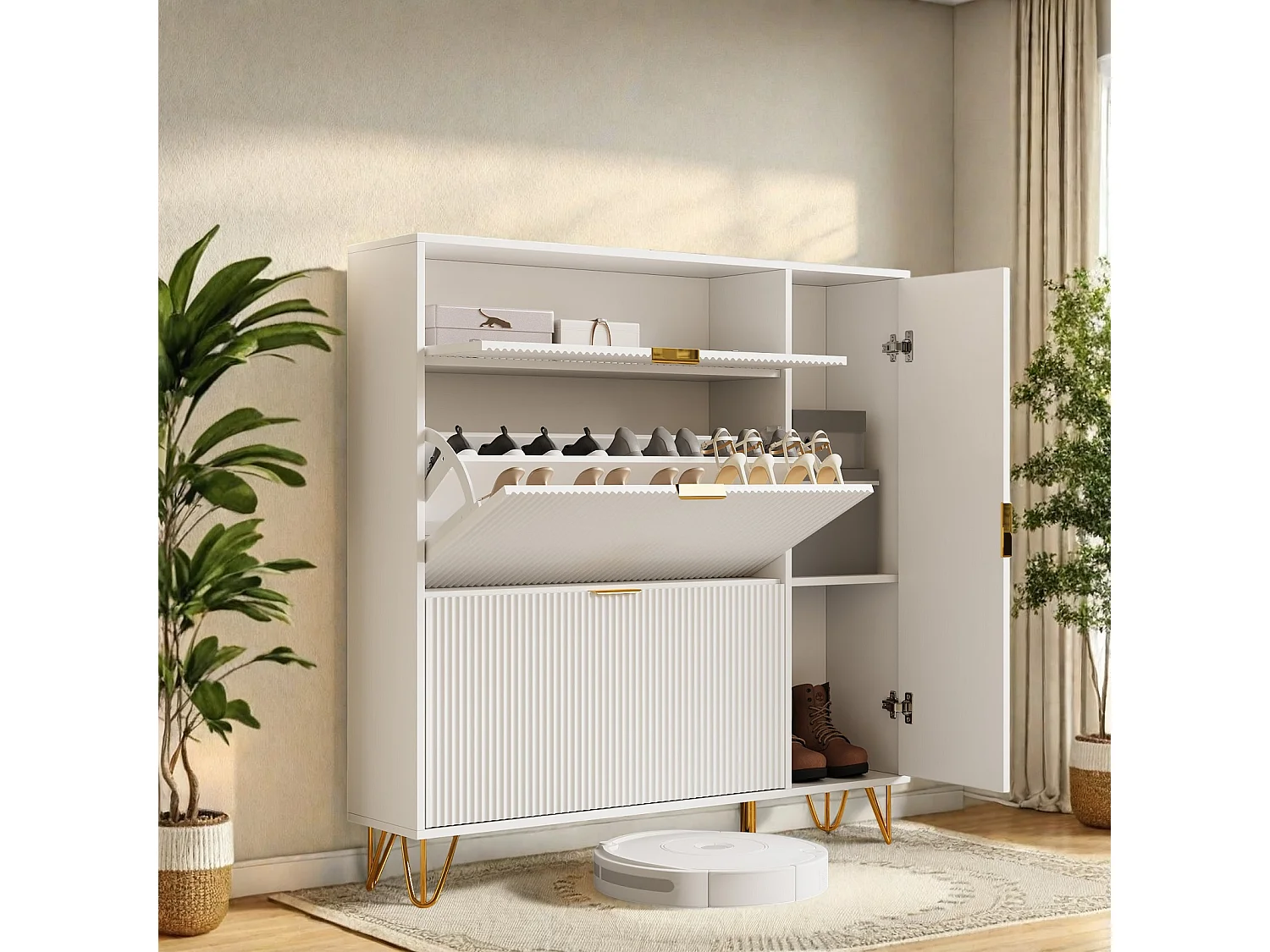 Armário de sapatos branco moderno com 3 gavetas dobráveis e 2 compartimentos de armazenamento - 111,5x110x24cm