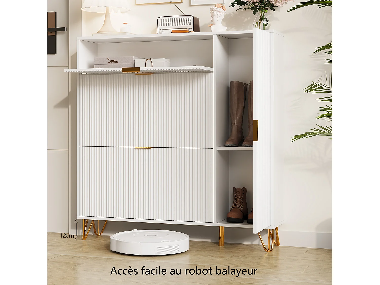 Armário de sapatos branco moderno com 3 gavetas dobráveis e 2 compartimentos de armazenamento - 111,5x110x24cm