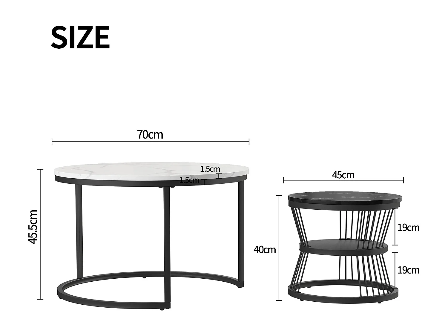 Ensemble De Tables Basses Empilables - Plateau Marbré Bicolore - Cadre Métal Noir - Style Industriel Moderne