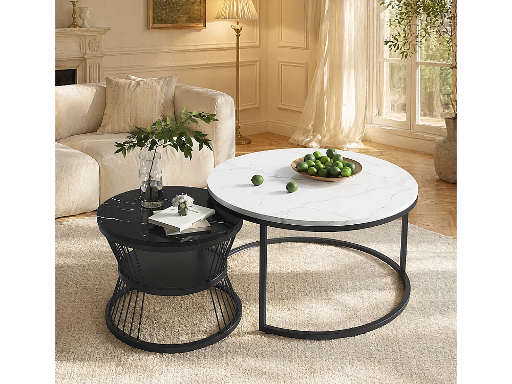 Rundes Nesting Couchtisch-Set - 70 cm + 45 cm - Weiß und Schwarz Marmoreffekt