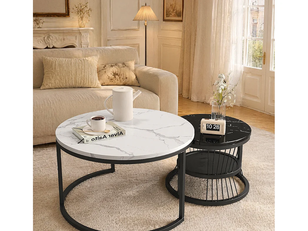 Rundes Nesting Couchtisch-Set - 70 cm + 45 cm - Weiß und Schwarz Marmoreffekt